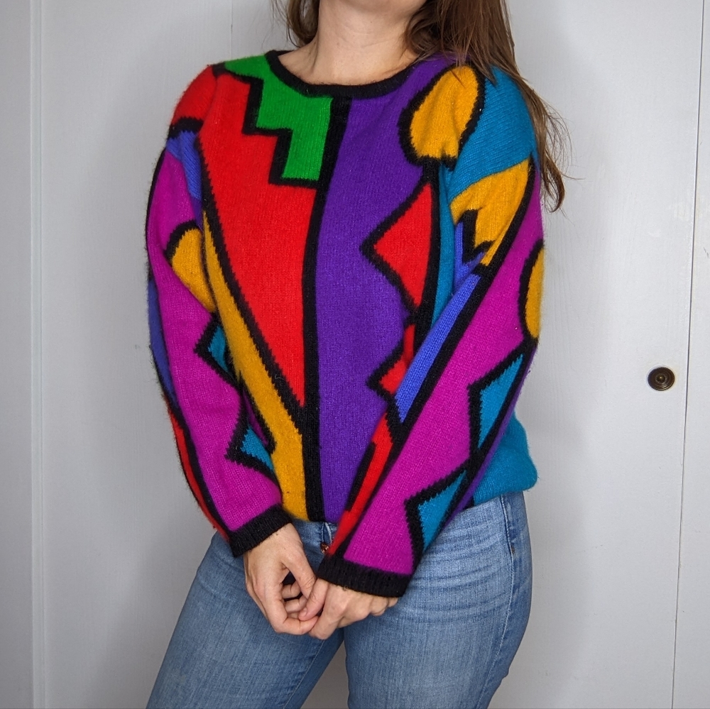 90's Colorblock Angora Geometric Sweater - Picture 7 of 14